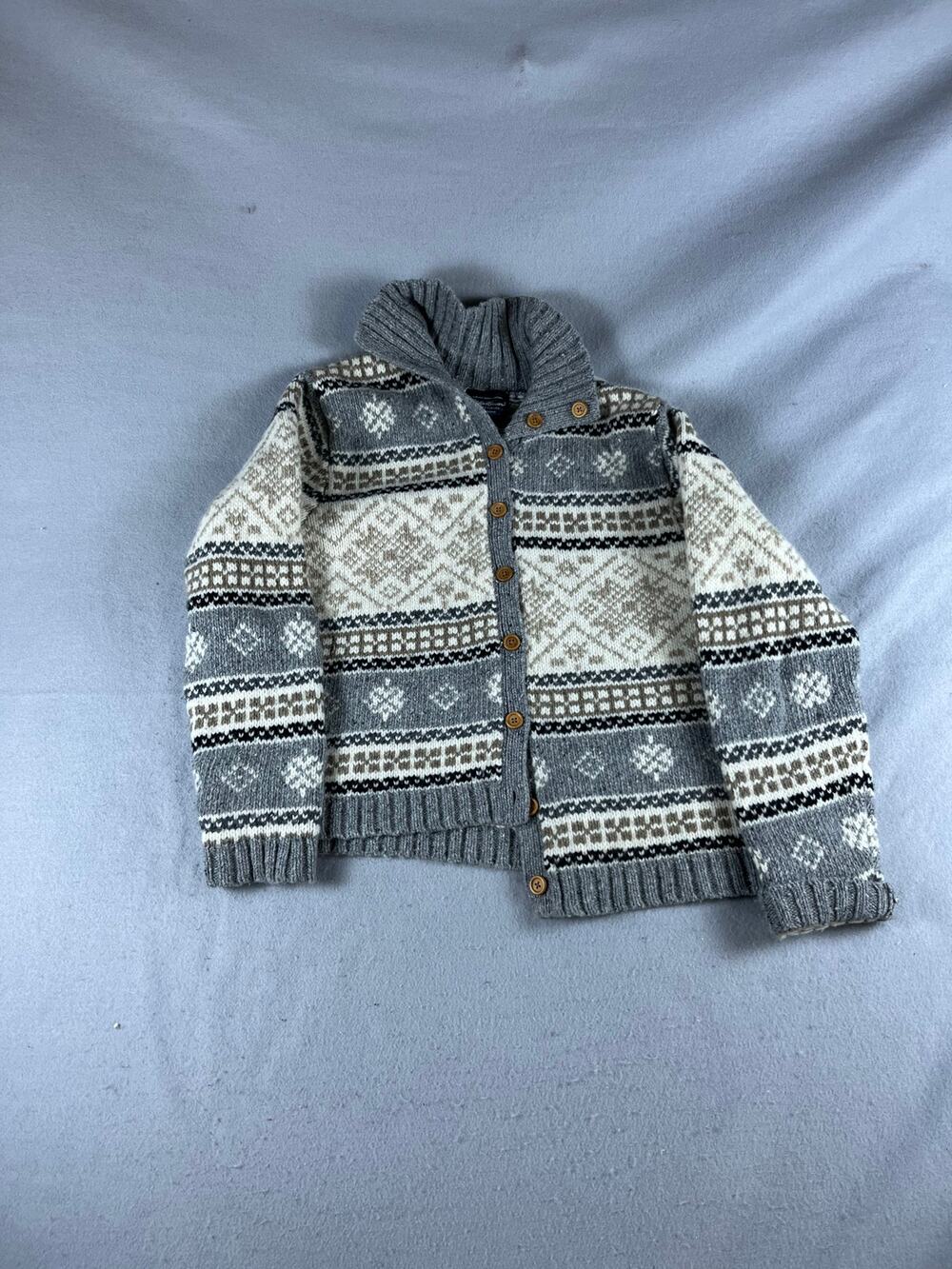 Eddie Bauer Cardigan Womens XL Gray Cream Lambswool Fair Isle Nordic Sweater